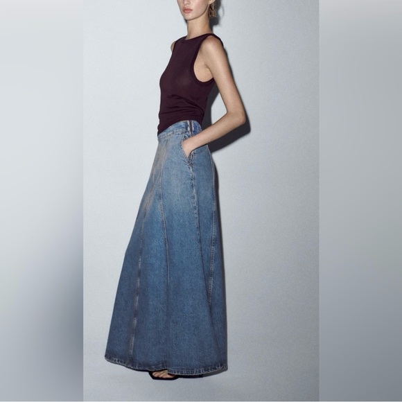 ZARA High-Waist Long Denim Flared Skirt - Picture 1 of 4